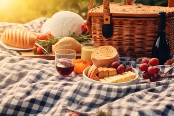 A picnic setting with bread, cheese, grapes, and wine. Generative AI.