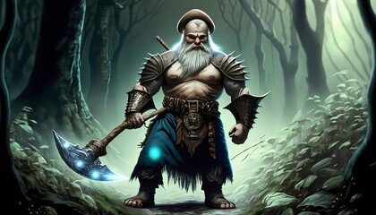 Fototapeta premium illustrated dwarf in a fairytale forest suitable as a background print for a book or magazine