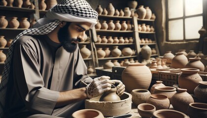 Middle Eastern male artisan in his workshop, carefully crafting handmade pottery. The image reflects the skill and passion of traditional craftsmanship - Powered by Adobe
