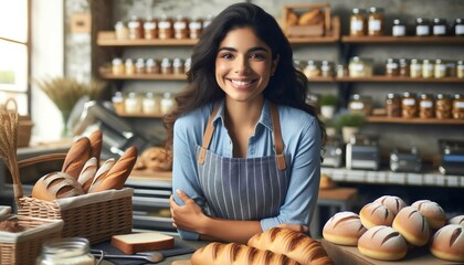 Hispanic female owning a cozy bakery, smiling warmly as she arranges freshly baked goods. This scene captures the essence of local business - obrazy, fototapety, plakaty