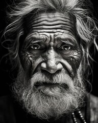 A black and white photo of an old man. Generative AI.