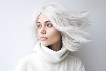 Naklejka premium Woman With Distinct White Hair And Unconventional Allure On The Background Of White Wall