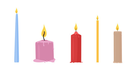 Set of lit candles. Wax candle collection in cartoon style. Various colorful aromatic candles with fire and wax drips isolated for Festive decoration, birthday cake, christmas, New Year.Vector clipart - obrazy, fototapety, plakaty