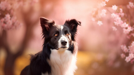 border collie puppy dog on blurred abstract bokeh flare grass background