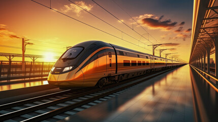 Fototapeta na wymiar Modern high-speed train on the railroad at sunset. Shallow depth of field