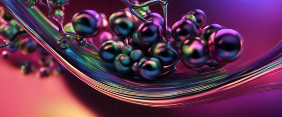 Abstrakte, flüssige 3D-Weintrauben, holografisch schillernde neon Welle in Bewegung, dunkler Hintergrund. Farbverlauf-Designelement für Banner, Hintergründe, Hintergrundbilder und Cover