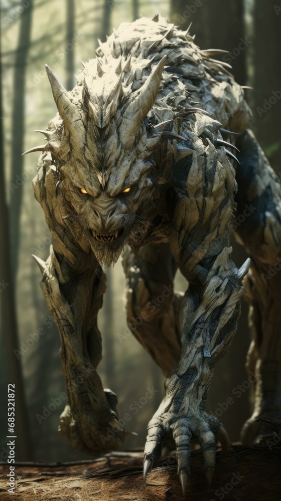 Poster a large, furry creature with sharp teeth and claws. generative ai.