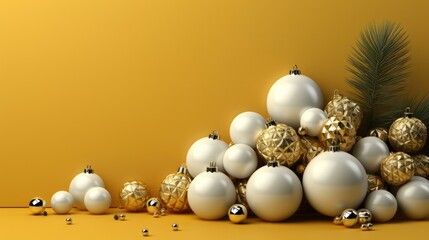 Vibrant yellow background with a minimalist  adorned with Christmas ornaments. Generative AI.