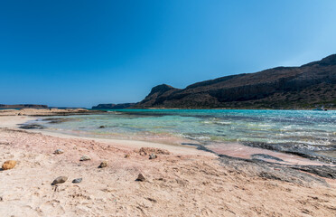 Panorama of the sea and the rock during a windy day at Blue lagoon in Balos, Crete, Greece. Beautiful lagoon at Mediterranean Sea. Shot taken near Gramvousa Island.