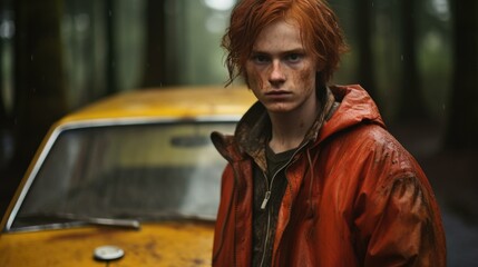 Fototapeta premium A young man with red hair standing next to a yellow car in the woods. Generative AI.