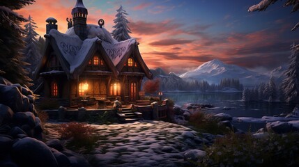 A Charming Winter Wonderland. Cozy Cottage Adorned with Twinkling Lights and Festive Decorations