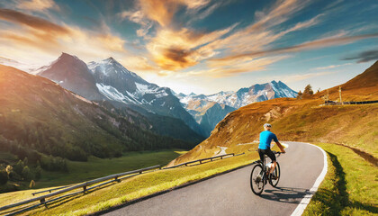 amazing nature scenery at sunset mountain biking man on track grossglockner high alpine road austria travel lifestyle adventure concept outdoor wilderness vacations active recreation concept - obrazy, fototapety, plakaty