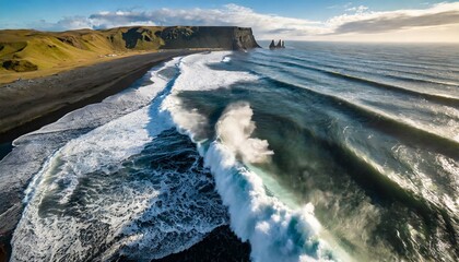 aerial photography of waves crashing on a black sand beach in iceland