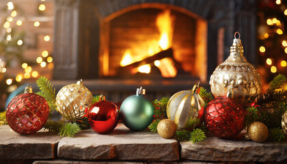 festive bright christmas ornaments on fireplace background