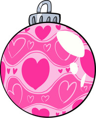 Hand drawn vector drawing of pink Christmas ball with hearts pattern. Colourful, cartoon style, doodle, decoration, symbol, sign, holiday, winter, happy new year, love, Valentine day