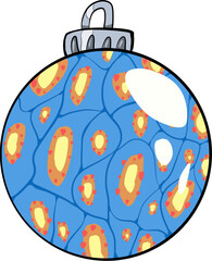 Hand drawn vector drawing of blue Christmas ball with geometric pattern, looks like cells. Colourful, cartoon style, doodle, decoration, symbol, sign, holiday, winter, happy new year 