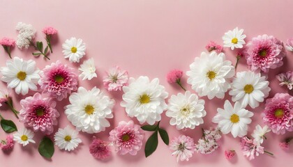 Fototapeta na wymiar several white and pink flowers daisies chrysanthemums cherry blossom on a seamless pastel pink background top view flat lay copy space for text generative ai technology