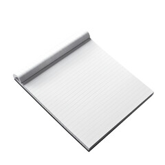 Bloco de nota isolado, visto de cima, com uma caneta ao lado. Bloco com papel com linhas em fundo branco.