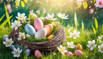 happy easter nest with easter eggs in grass on a sunny spring day easter decoration background