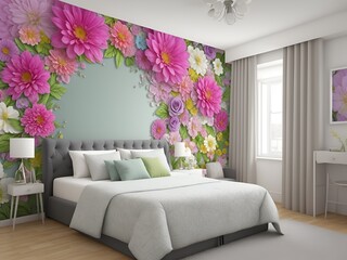 bedroom, double bed, 3D wallpaper