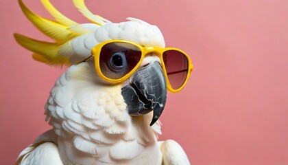 closeup of white cockatoo parrot wearing sunglasses domestic pet bird animal solid pink pastel background tropical summer vacation concept web banner funny birthday party card invitation - obrazy, fototapety, plakaty