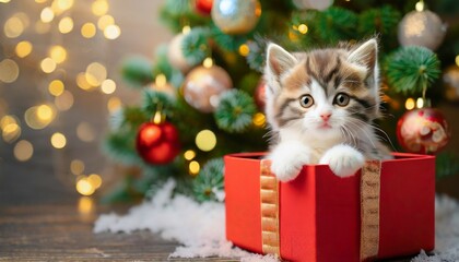 little funny kitten cat sits in a red box as a christmas present on the background of a christmas tree in the decoration concept of new year and christmas high quality photo - obrazy, fototapety, plakaty