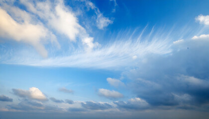 blue sky background with white clouds cumulus floating soft focus copy space
