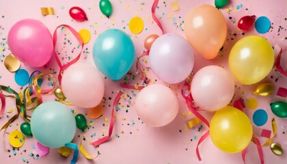 pastel pink table with colorful balloons and confetti for birthday top view flat lay style ai generated