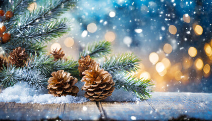 Fototapeta na wymiar winter christmas background with fir tree branch and cones