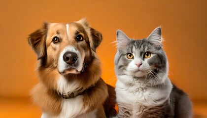 Obraz premium dog and cat sitting for photo isolated on orange studio background