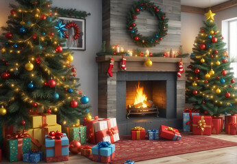 Fototapeta na wymiar Christmas mood, room decorated for Christmas, fireplace.
