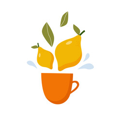Orange Tea cup with yellow lemons, green tea leaves and splashes. Hot drink with lemon. Flat vector illustration - obrazy, fototapety, plakaty