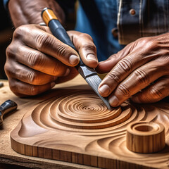 Traditional Wood Carving Art - Close-up of the Hands of an Elderly Craftsman.





