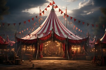 a circus tent with some red striped banners on top - obrazy, fototapety, plakaty
