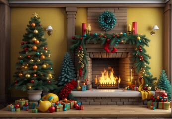 Fototapeta na wymiar Christmas mood, room decorated for Christmas, fireplace.
