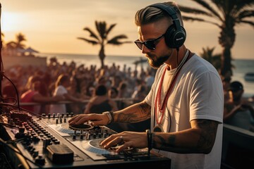 a dj playing music on beach front by large crowd