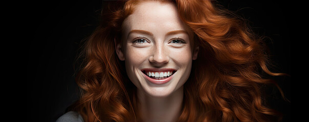 A close up portrait beautiful young woman with red hair smiling for the camera.