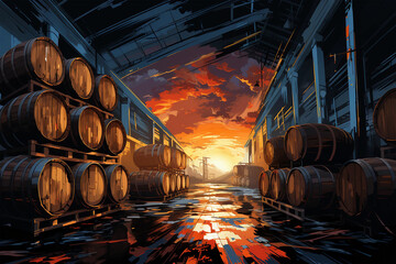 new Wine or cognac barrels in the cellar of the winery, Wooden vine barrels in perspective. vine...