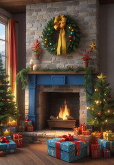 Christmas mood, room decorated for Christmas, fireplace.
