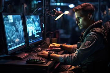 a military man is working on a computer screen