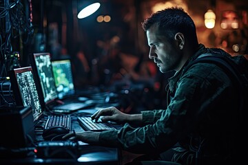a military man is working on a computer screen - obrazy, fototapety, plakaty