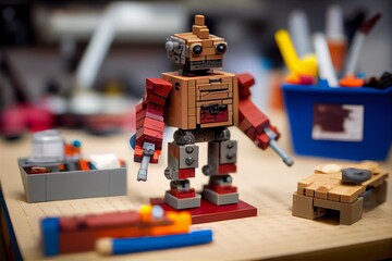 Child's creation: a robot assembled from constructor building blocks, a playful and educational toy sparking creativity and imagination in kids.