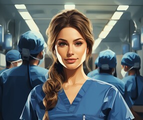 Female medical worker in surgical clothing with colleagues experience in the concept of teamwork and professionalism in the medical environment.