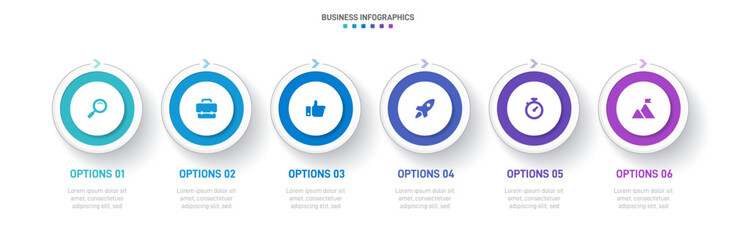 Timeline infographic with infochart. Modern presentation template with 6 spets for business process. Website template on white background for concept modern design. Horizontal layout.