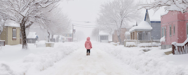 Back shot of little cute girl going to school with school bag during winter. A lot of snow on the street
