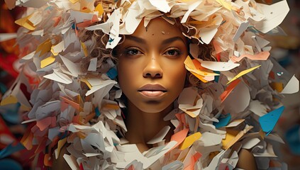 a woman's face surrounded by paper at the top of a large abstract background