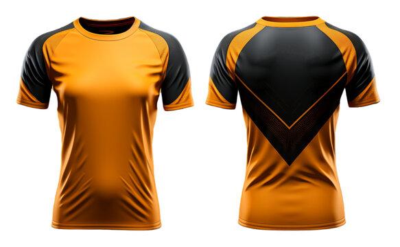orange sports t-shirt with black pattern abstract, jersey mockup design with front and back view, generative ai