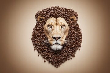Coffee beans in the shape of a lion's head on a beige background