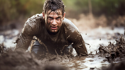 Closeup of strong athletic man crawling in wet muddy puddle in the rain in an extreme competitive sport - obrazy, fototapety, plakaty