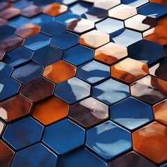 Explore the depth and richness of a 3D-ed background adorned with vibrant blue and orange hexagons, skillfully captured in high definition.